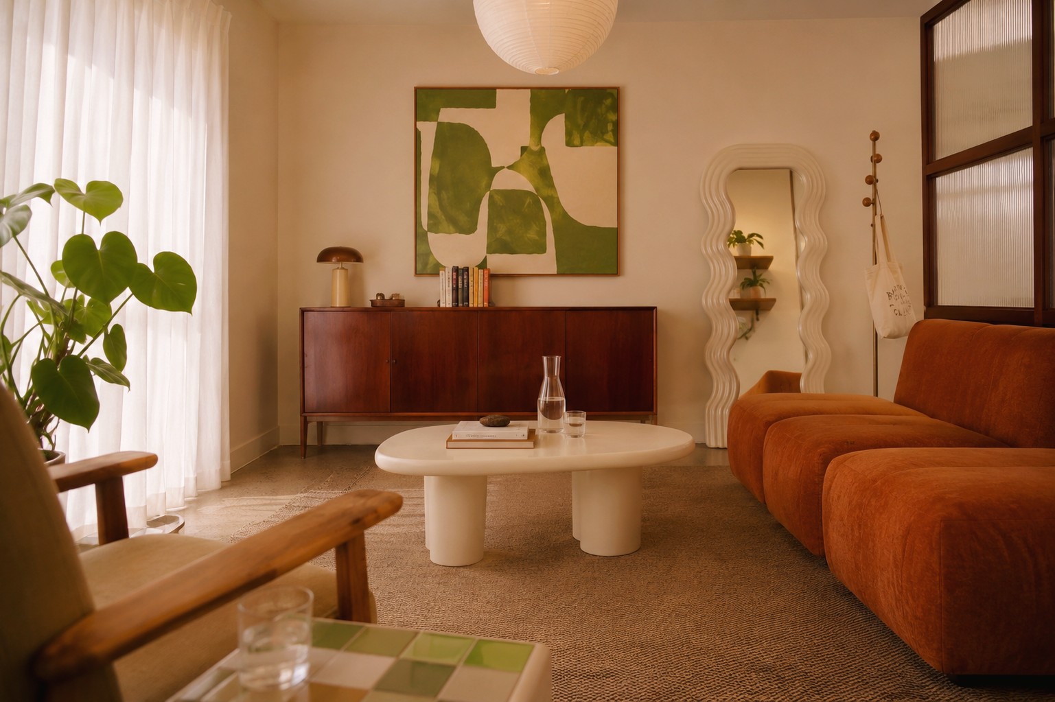 The Body Belonging Clinic room in Nedlands: a warm space with a terracotta bouclé sofa, green artwork, a paper lantern and soft light