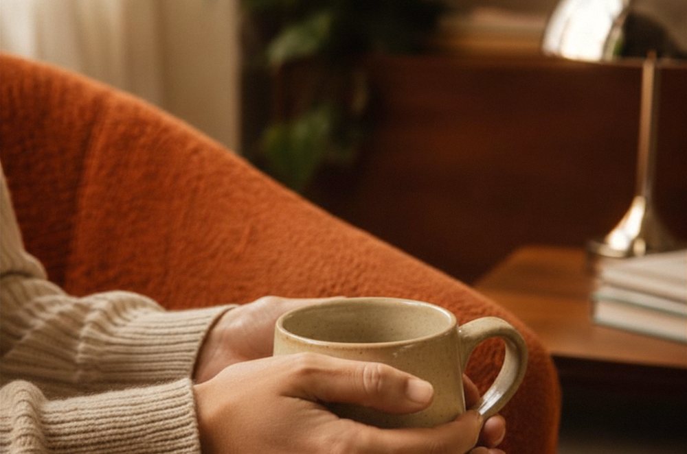 A warm cup of tea held in the lap, settled into the chair: the feeling of an unhurried first session
